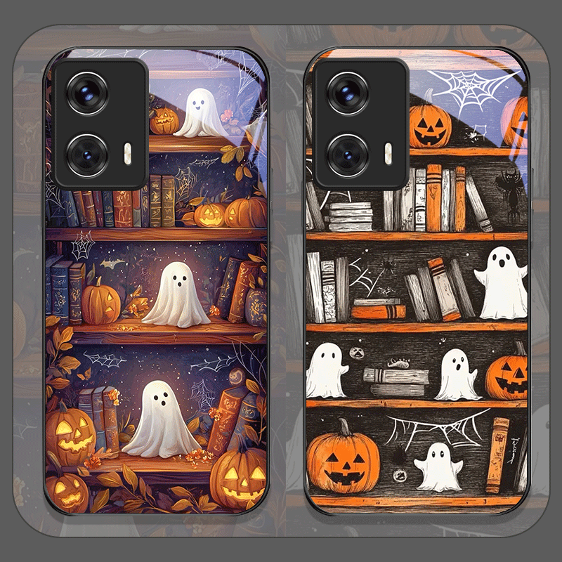 Phone Cases For Motorola - Halloween Pompoen Ghost Boekenplank Gehard Glas